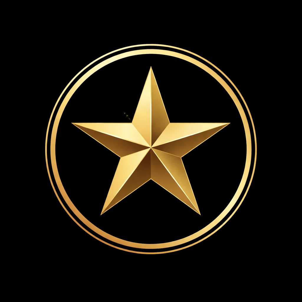 Gold star medal with concentric circles in a black background.