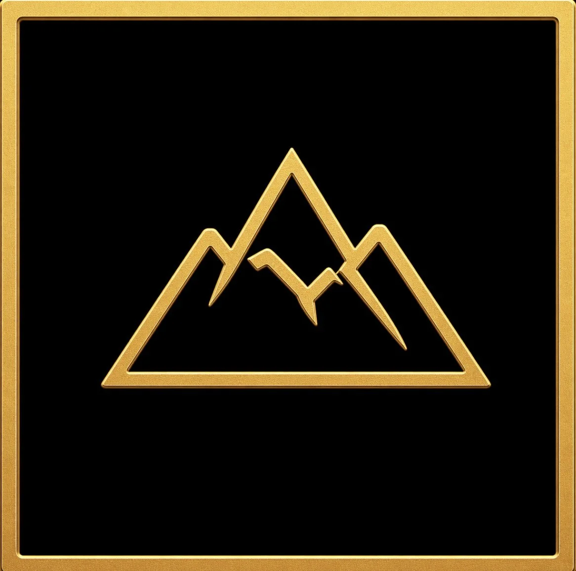 Gold outline mountain range icon on black background with a gold border.