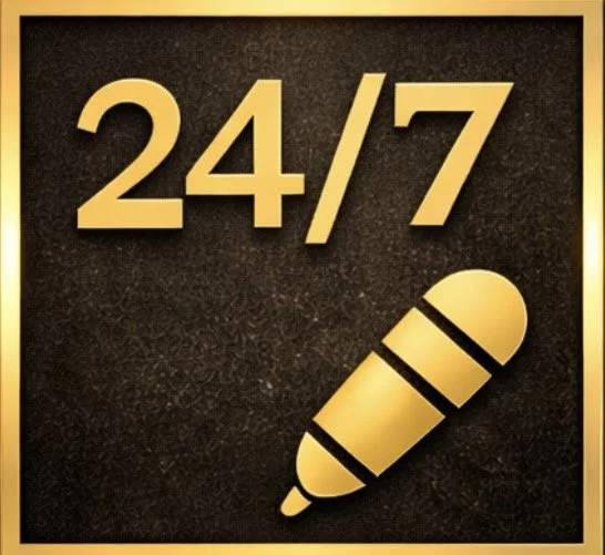 Gold-colored text and icon on a dark background indicating 24/7 availability and a pencil icon.