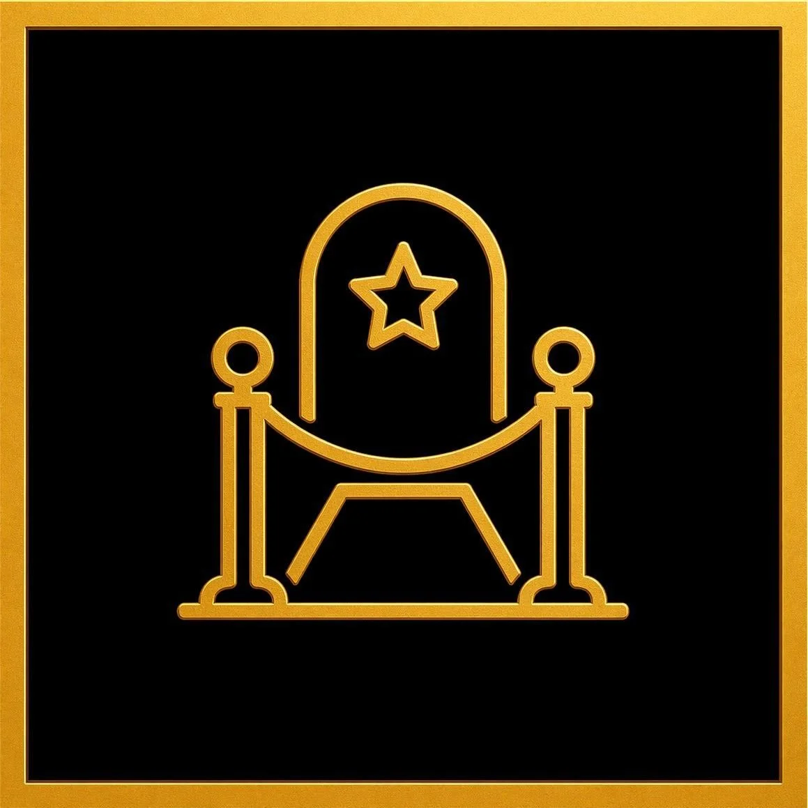 Gold outline of a mirror with a star reflection inside, flanked by two posts on a black background.
