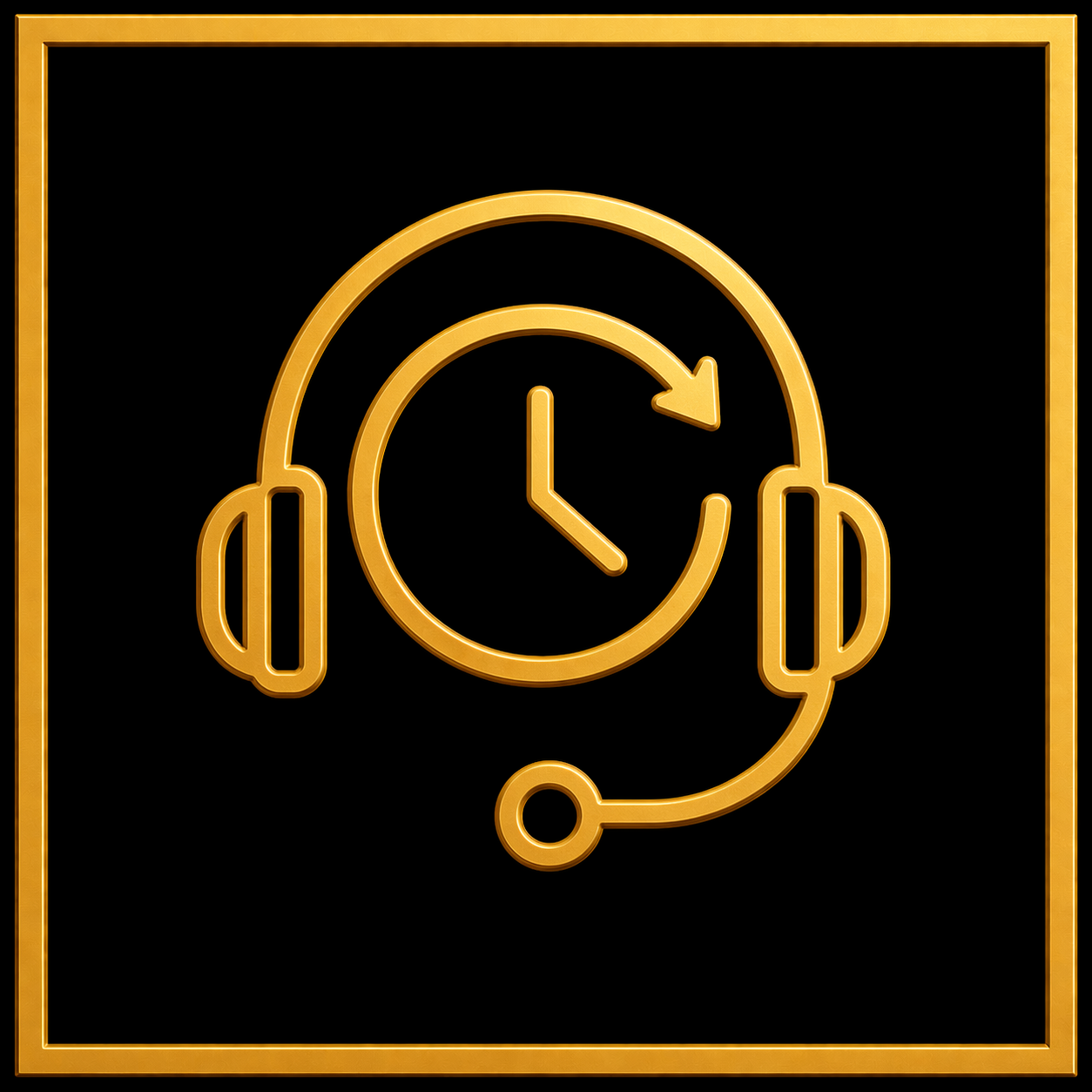 Gold icon of a headset with a clock and arrow symbol, representing customer service or support hours.