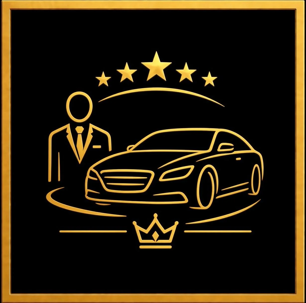Gold outline image of a man in a suit beside a luxury car, with five stars above and a crown below, all on a black background with a gold border.