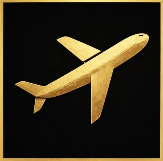 Gold-colored paper airplane on black background.
