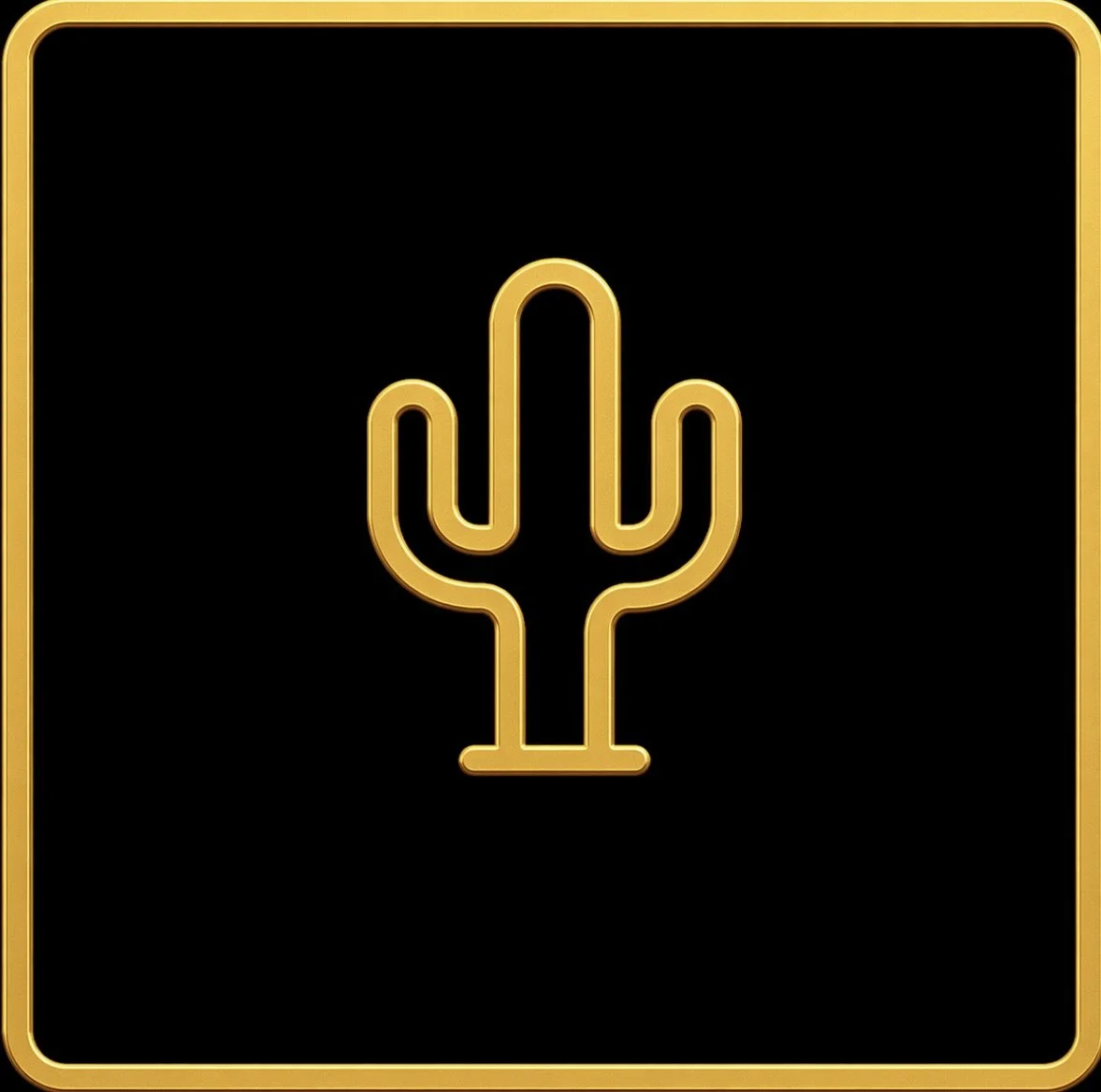 A black square sign with a gold border featuring a gold cactus in the center, designed to look like a neon light.