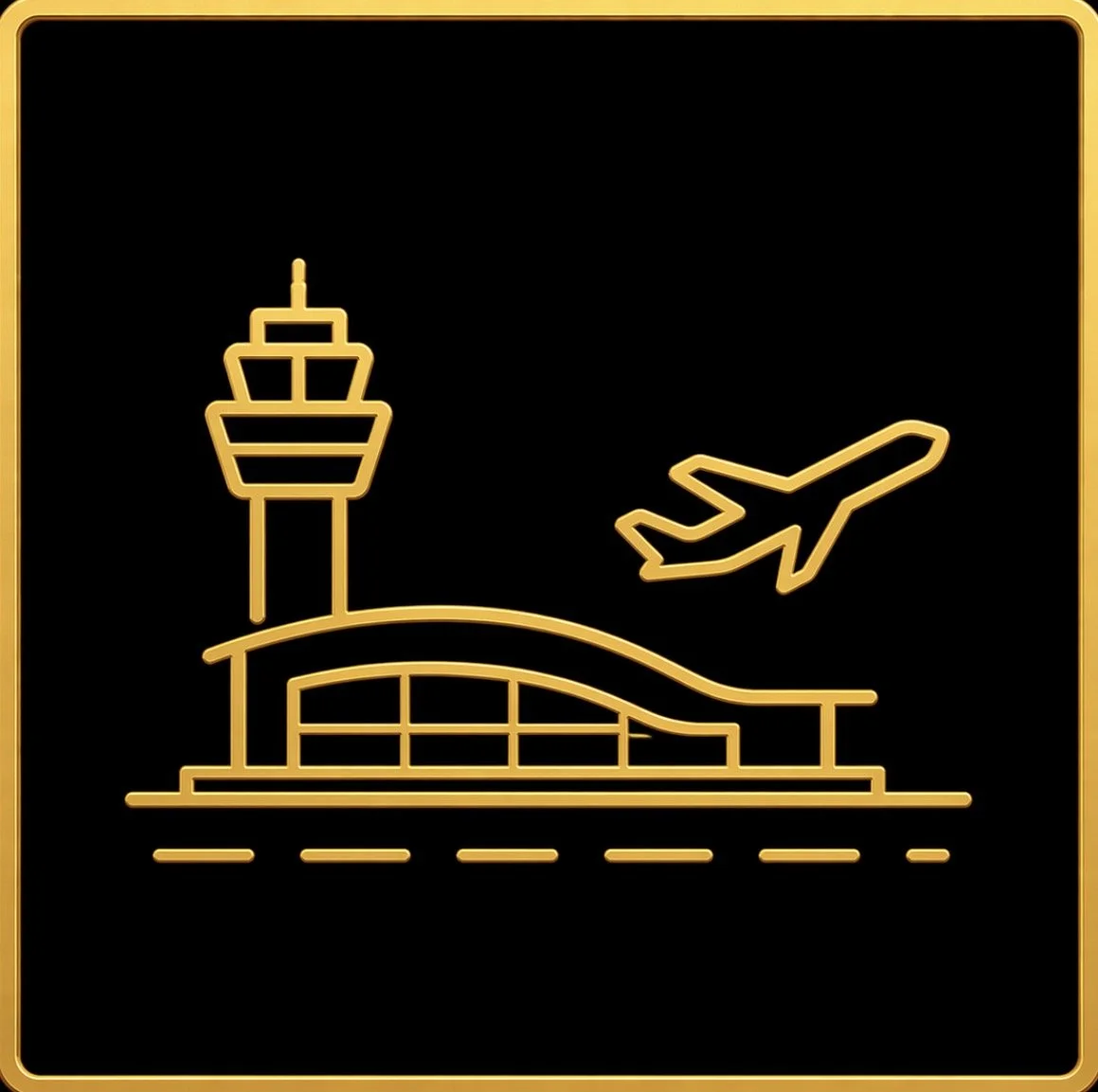Neon sign of an airport scene with an air traffic control tower, a jet airplane, and an airport terminal building.