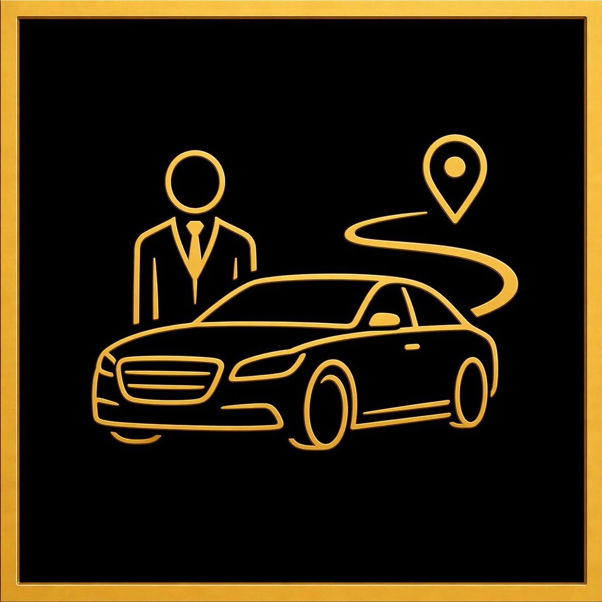 Golden outline icon of a person in a suit and tie, a luxury car, and a location pin with a winding road connecting them, on a black background