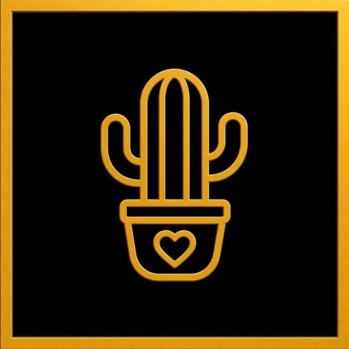 A stylized neon outline of a potted cactus with a heart on the pot, in gold color on a black background bordered with gold.