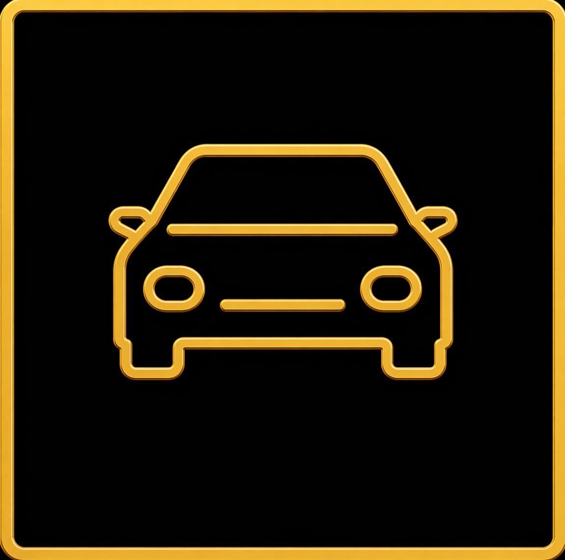 Neon sign of a front view of a car with a black background and yellow outline.