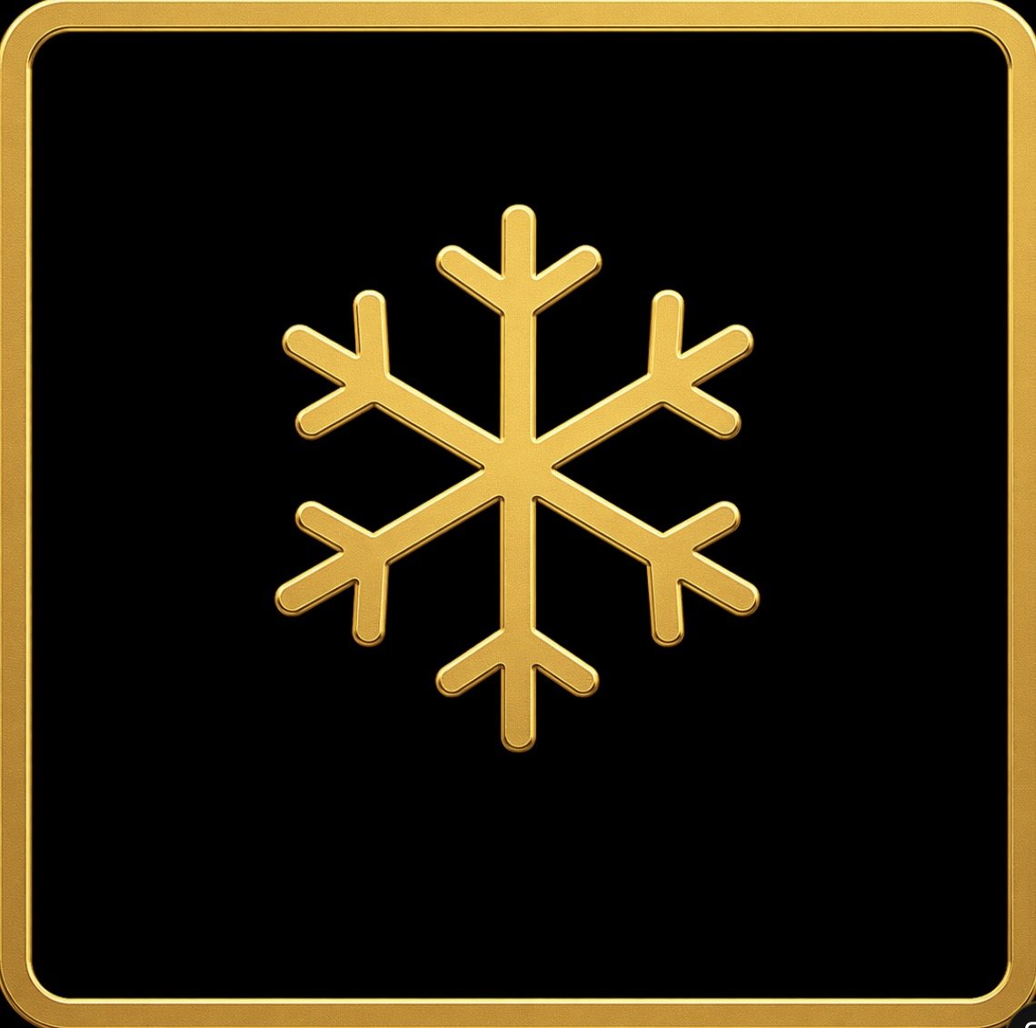 Gold snowflake icon on a black background with a gold border.