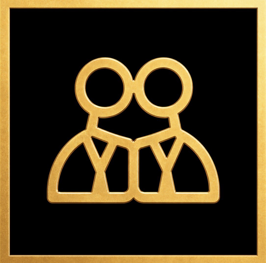 Golden outline of two people wearing business suits and ties on black background, framed with a gold border.