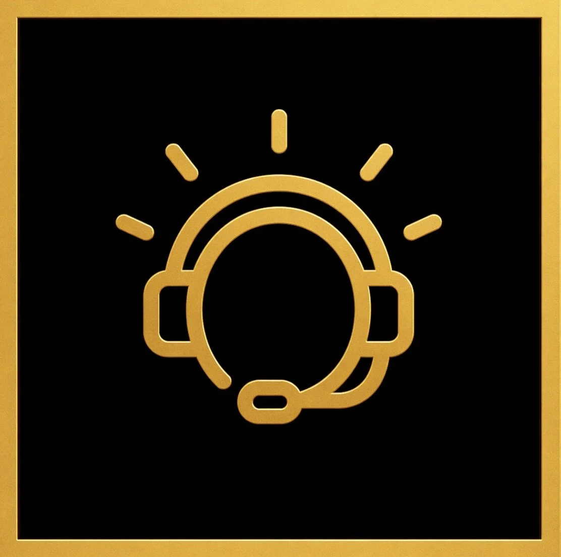 Icon of a headset with a microphone, surrounded by lines suggesting sound or communication, on a black background with a gold border.