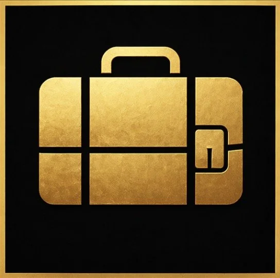 Gold briefcase icon on a black background