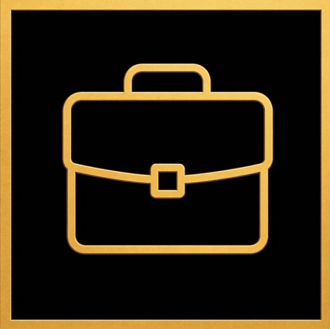 Gold outline of a briefcase icon on a black background.