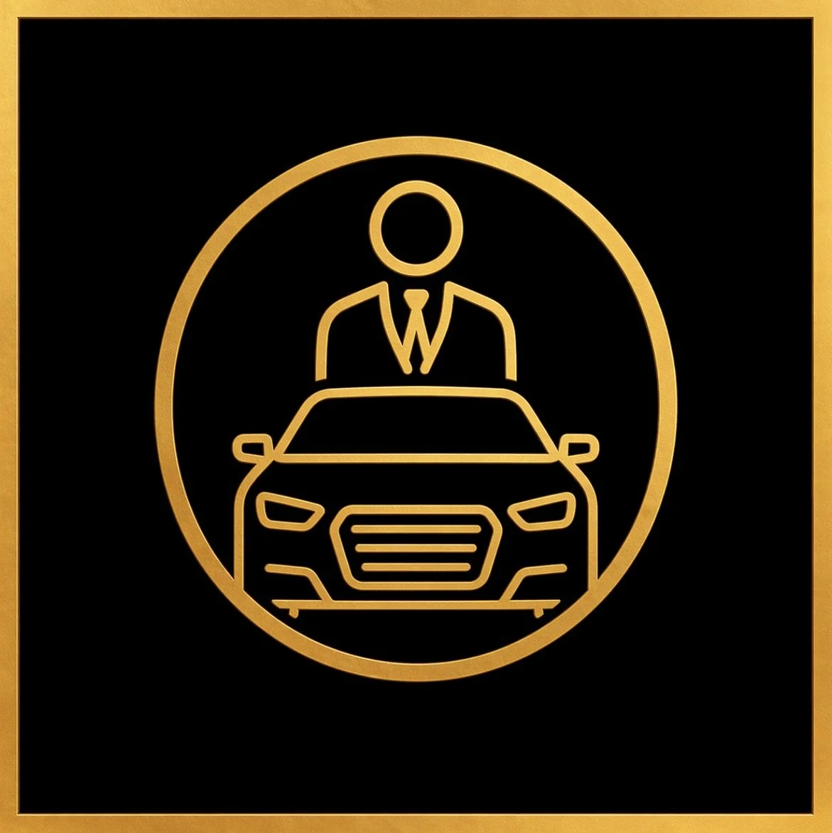 Gold icon of a businessman standing behind a car within a circular border, on a black background.