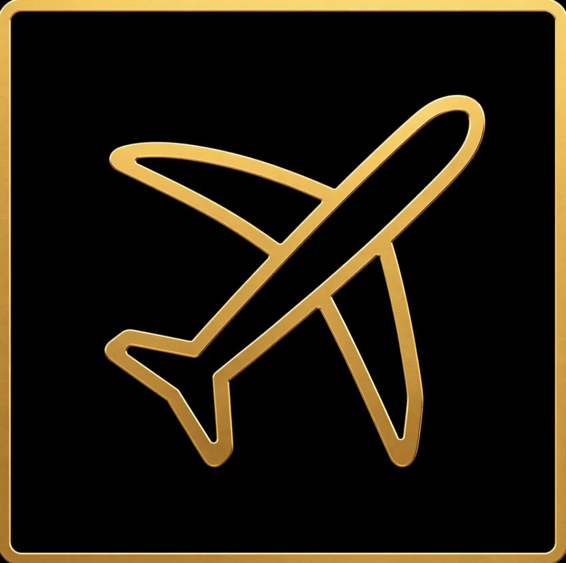 Gold outline of an airplane on a black background with a gold border.