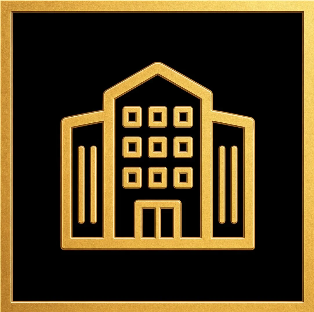 Gold outline of a multi-story office building on a black background.
