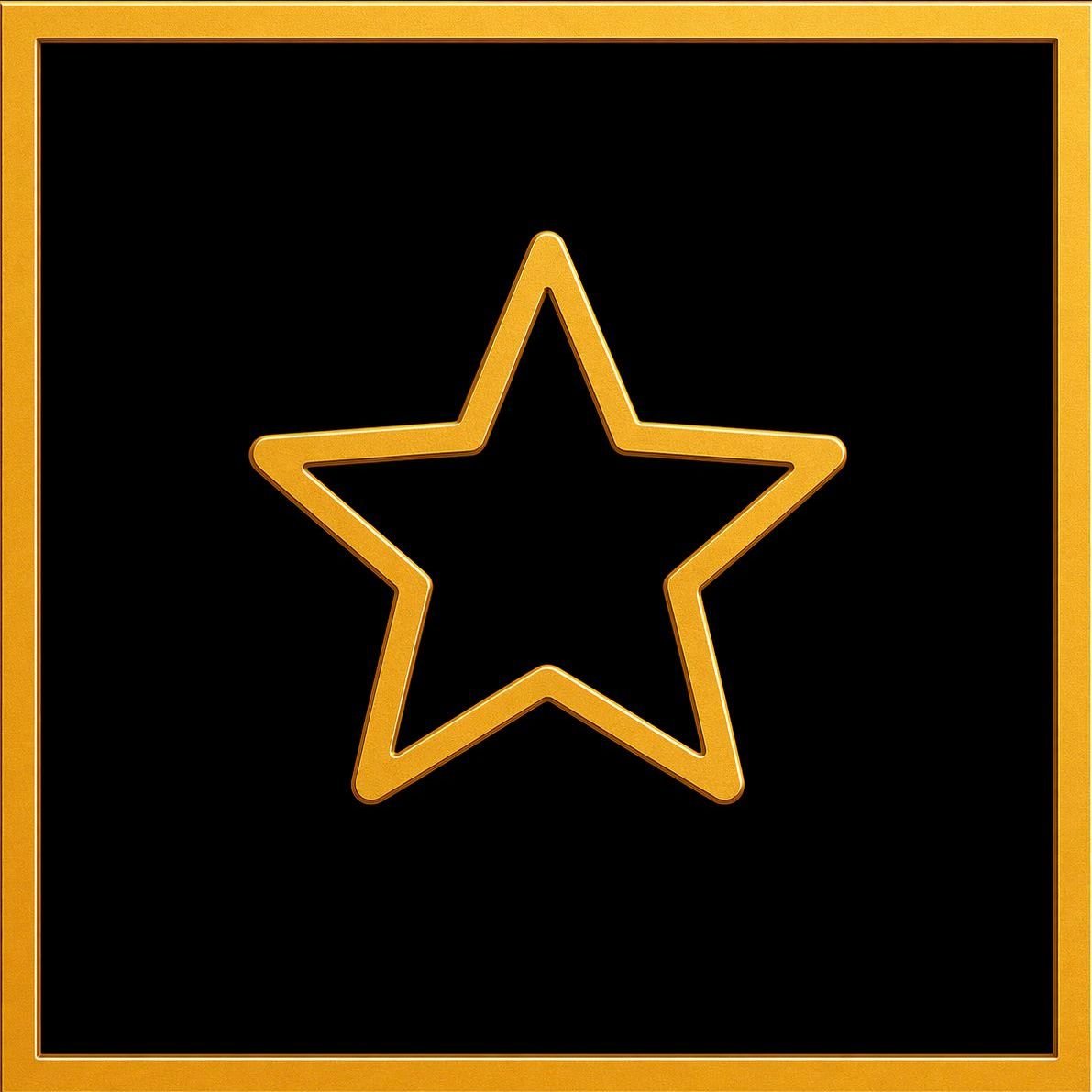A gold star-shaped neon light on a black background, framed by a gold border.