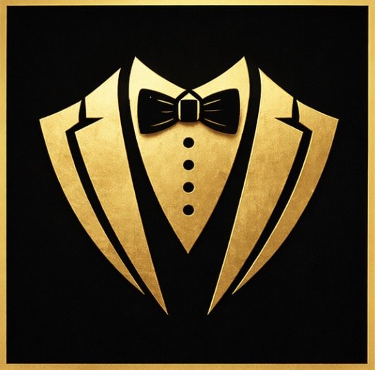 Gold tuxedo jacket with black lapels, a black bow tie, and gold shirt with black buttons on a black background.