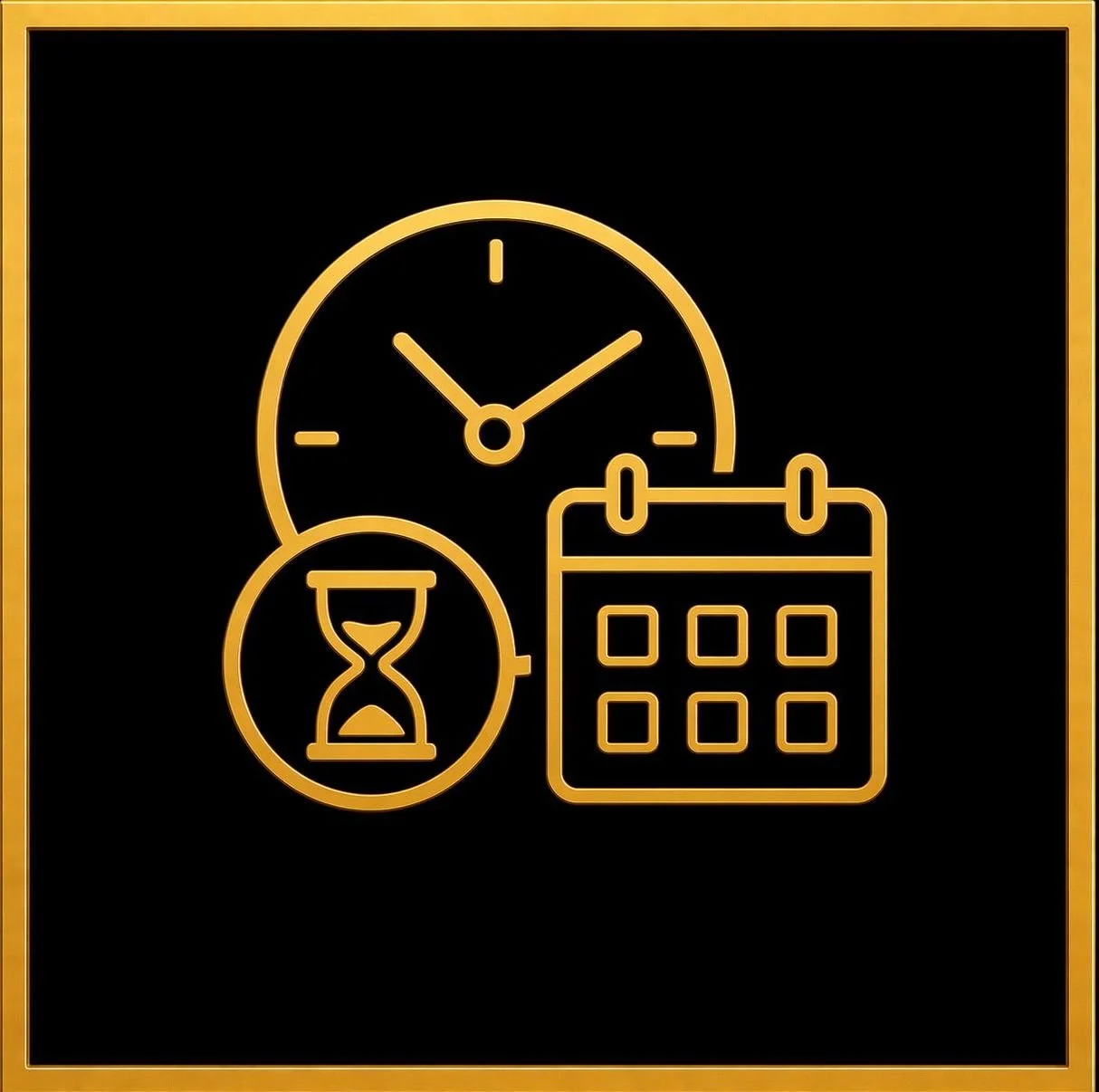 Gold outline icons of a clock, an hourglass, and a calendar on a black background.