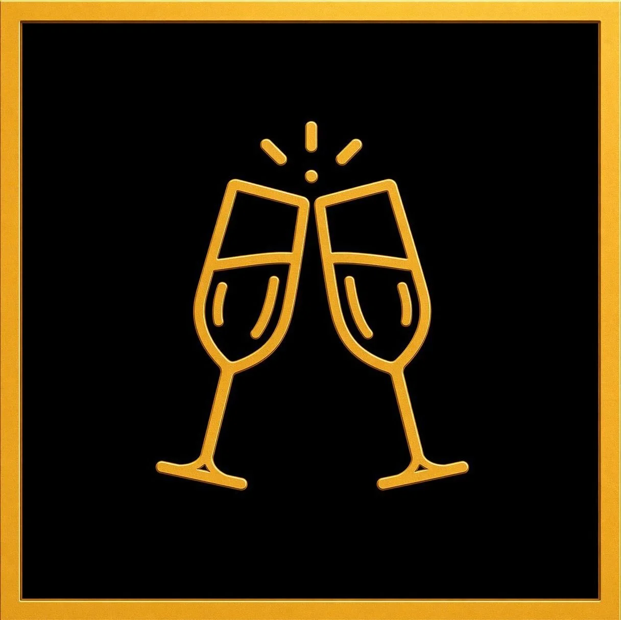 Neon sign of two champagne glasses clinking in celebration with sparks above them, gold and black color scheme.
