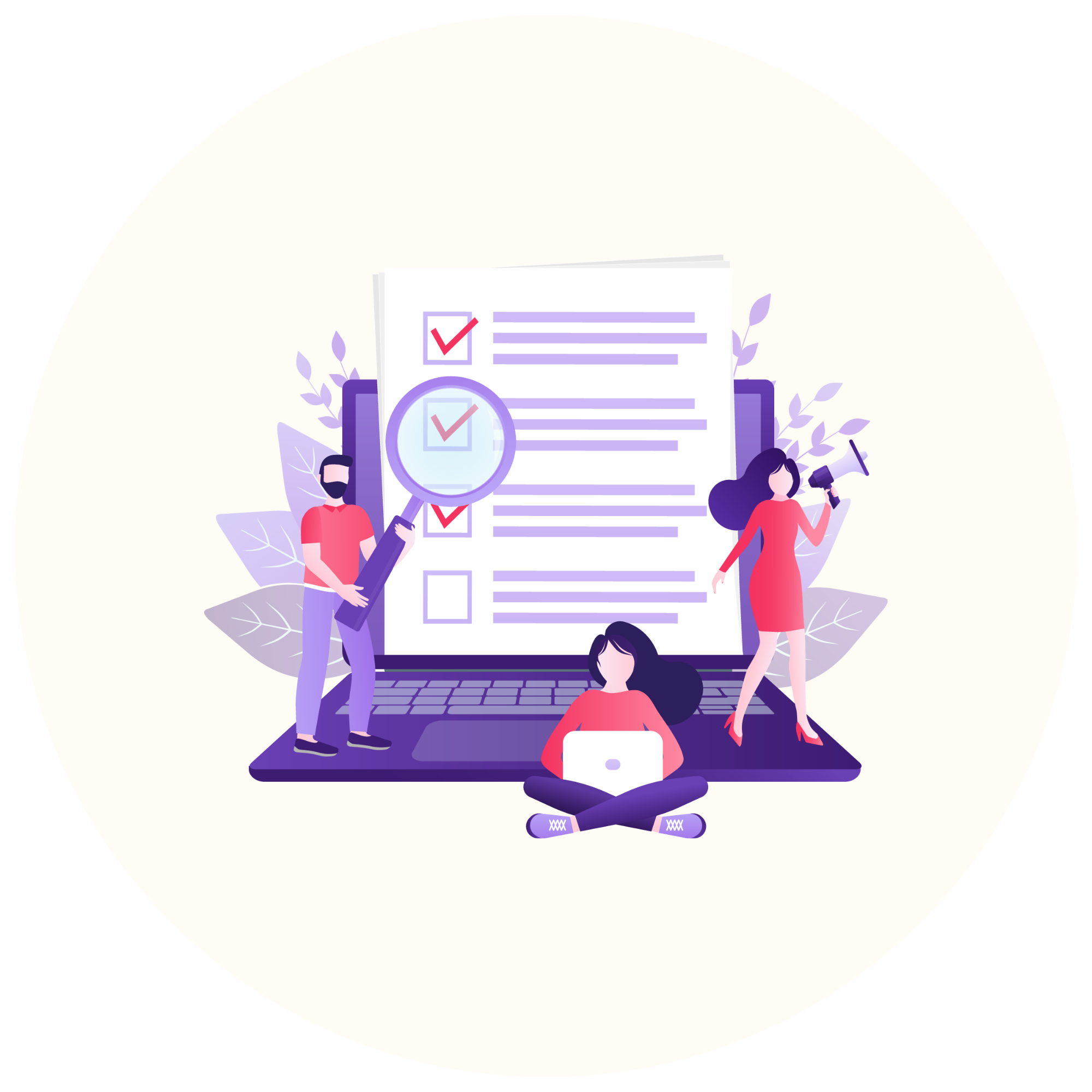 Illustration of three people analyzing a large checklist displayed on a laptop. One person is holding a magnifying glass over the checklist, another is sitting with a laptop, and the third is standing with a megaphone.