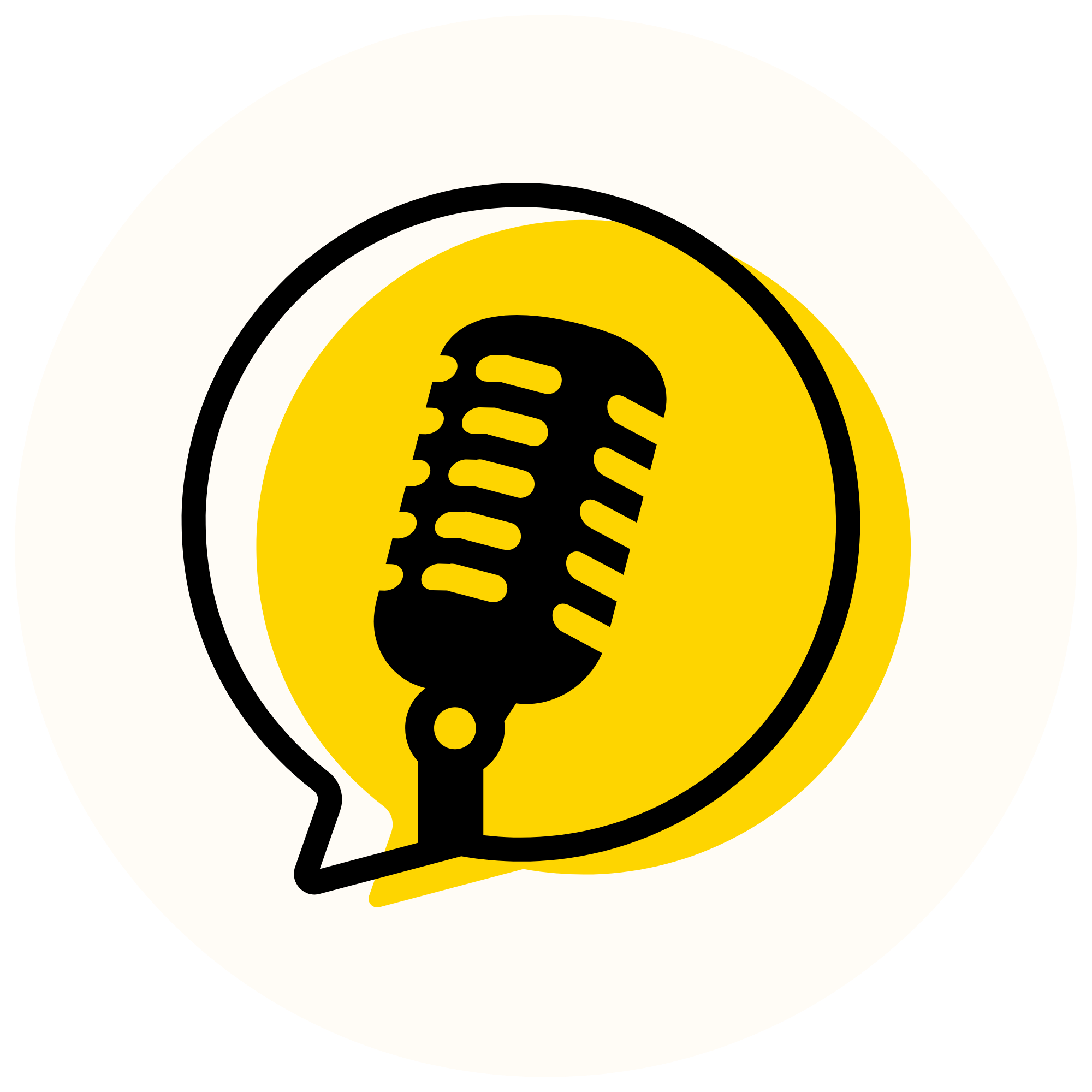 Icon of a vintage microphone inside a speech bubble, with a yellow background and black outlines.