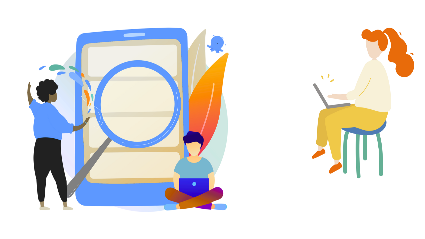 Illustration of people working with digital devices, including a woman holding a tablet and a person sitting with a laptop, alongside a large smartphone with a magnifying glass overlay.