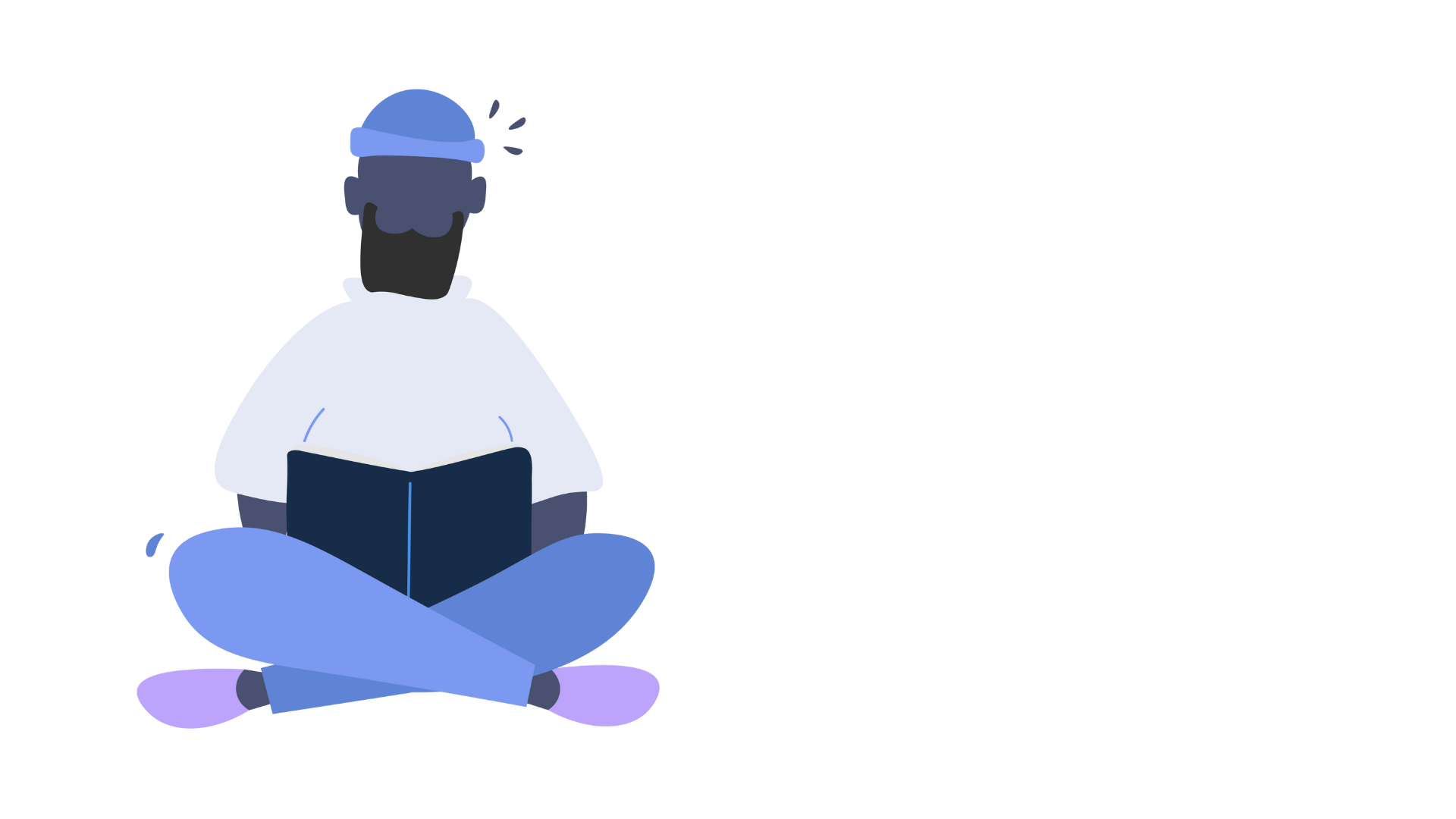 Person sitting cross-legged on the floor, reading a book, in front of a large empty chalkboard in a classroom.