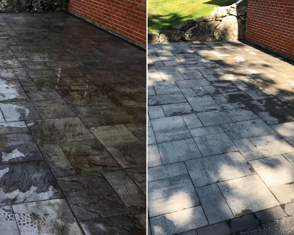 Patio pressure washing surface cleaning before and after in Millbrook, NY