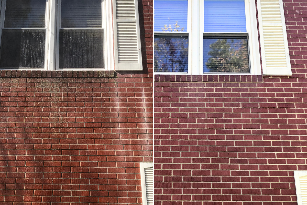 Power washing to remove oxidation from brick home exterior in LaGrangeville, NY