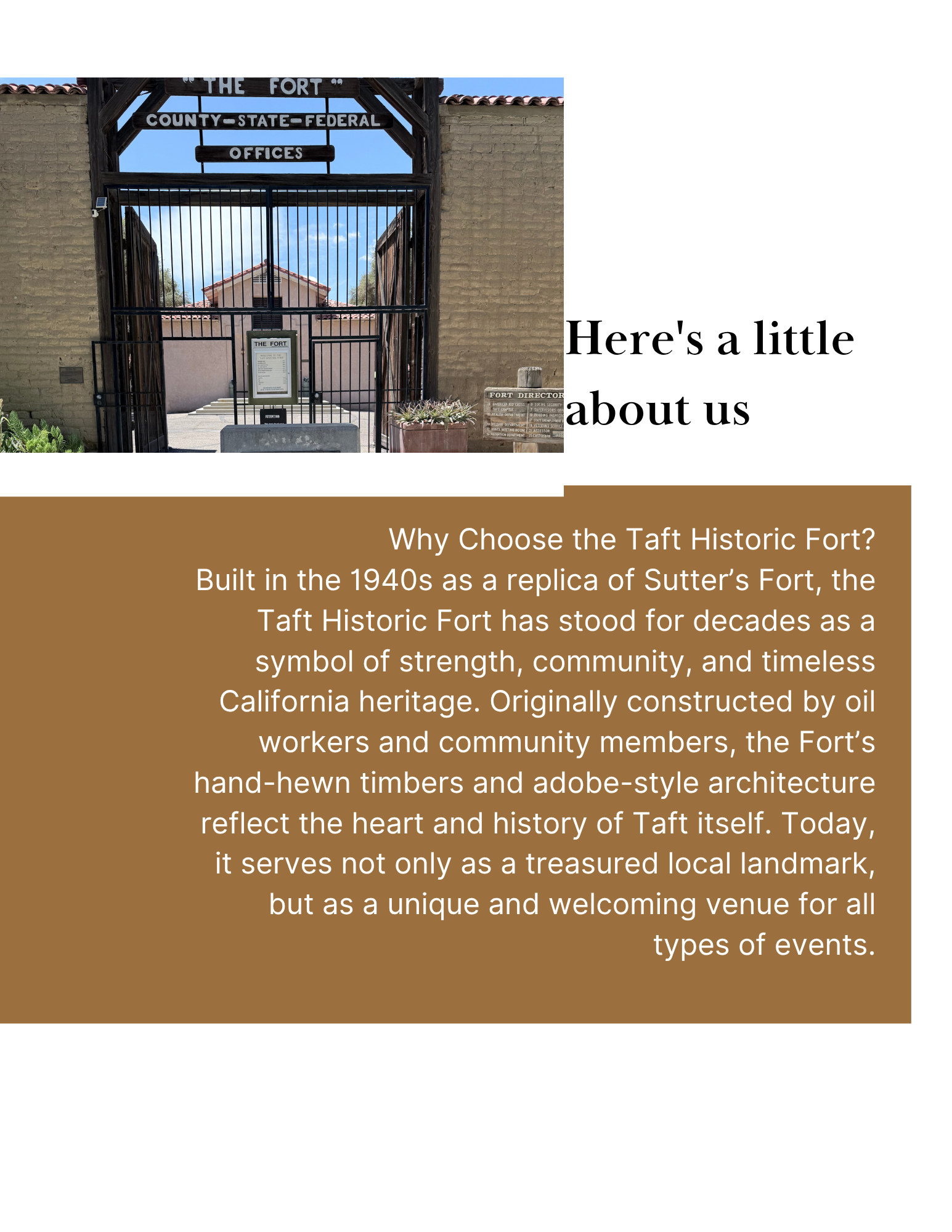 Photograph of the entrance to the Taft Historic Fort, featuring a black iron gate, brick walls, and a sign explaining its history as a replica of Sutter's Fort, built in the 1940s.