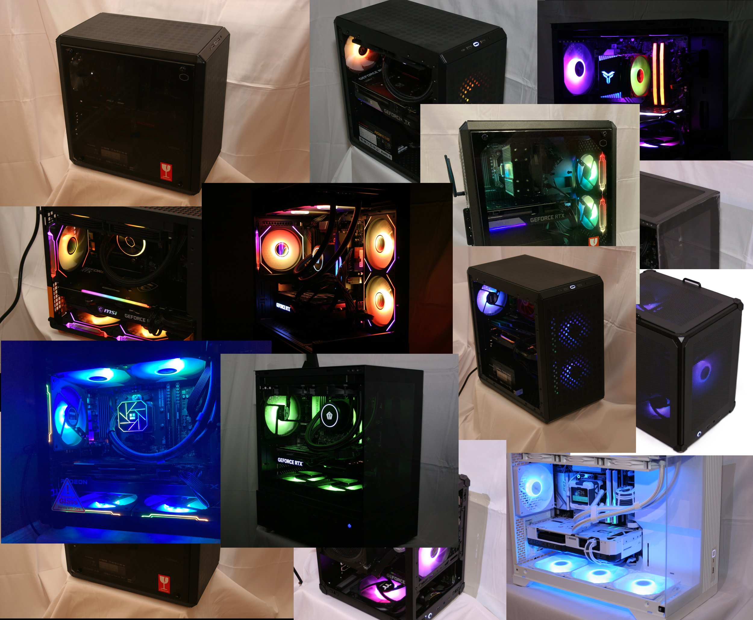 Multiple gaming and high-performance computer cases with illuminated RGB fans, liquid cooling systems, and internal components like graphics cards and motherboards.