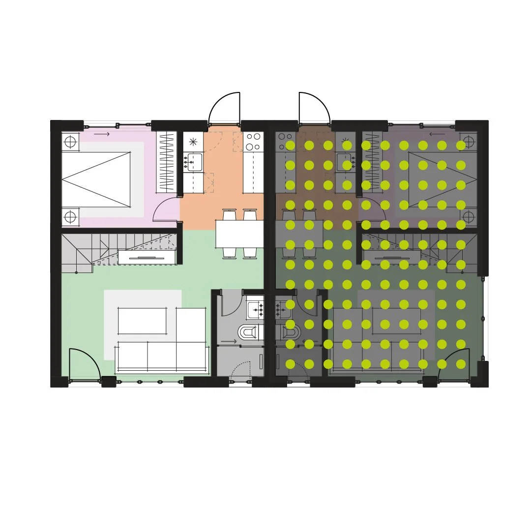 Floor plan of an apartment with a bedroom, living room, kitchen, bathroom, and an office or study area, with yellow dots indicating furniture or fixtures.