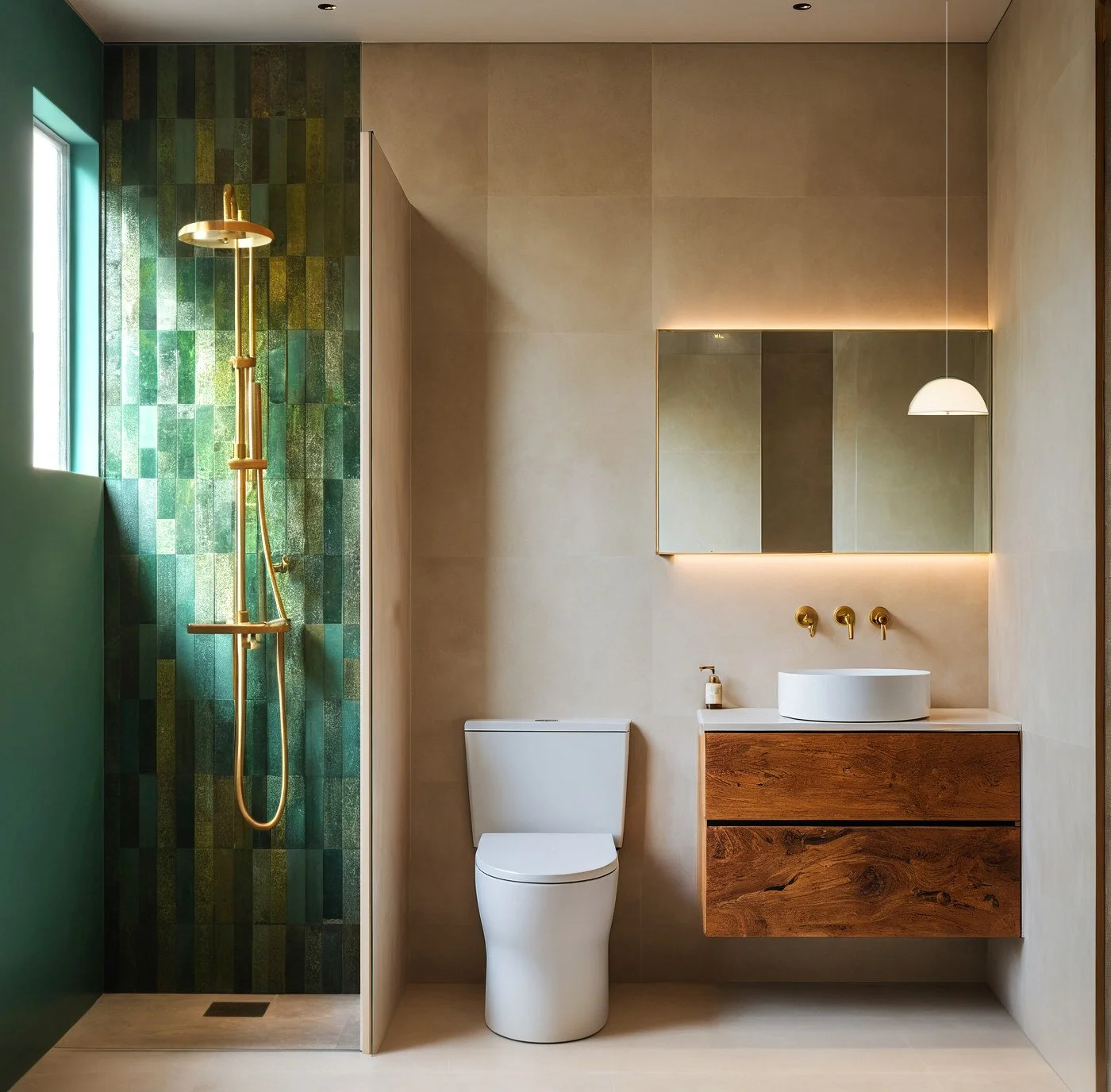 Modern bathroom with walk-in shower, toilet, wooden vanity with vessel sink, mirror, and gold fixtures.