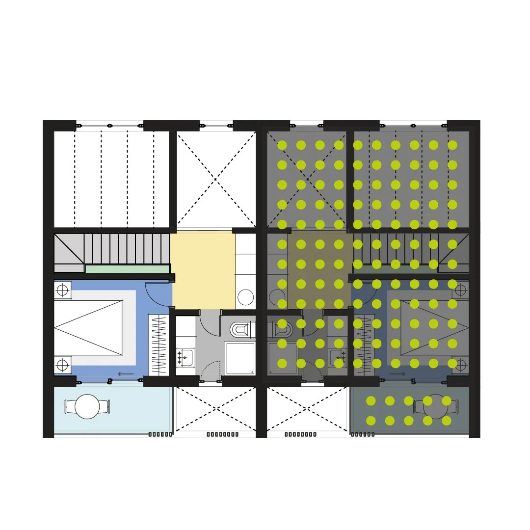 Floor plan of an apartment with various rooms marked by different colors and furnishings, including bedrooms, bathrooms, and a living area.
