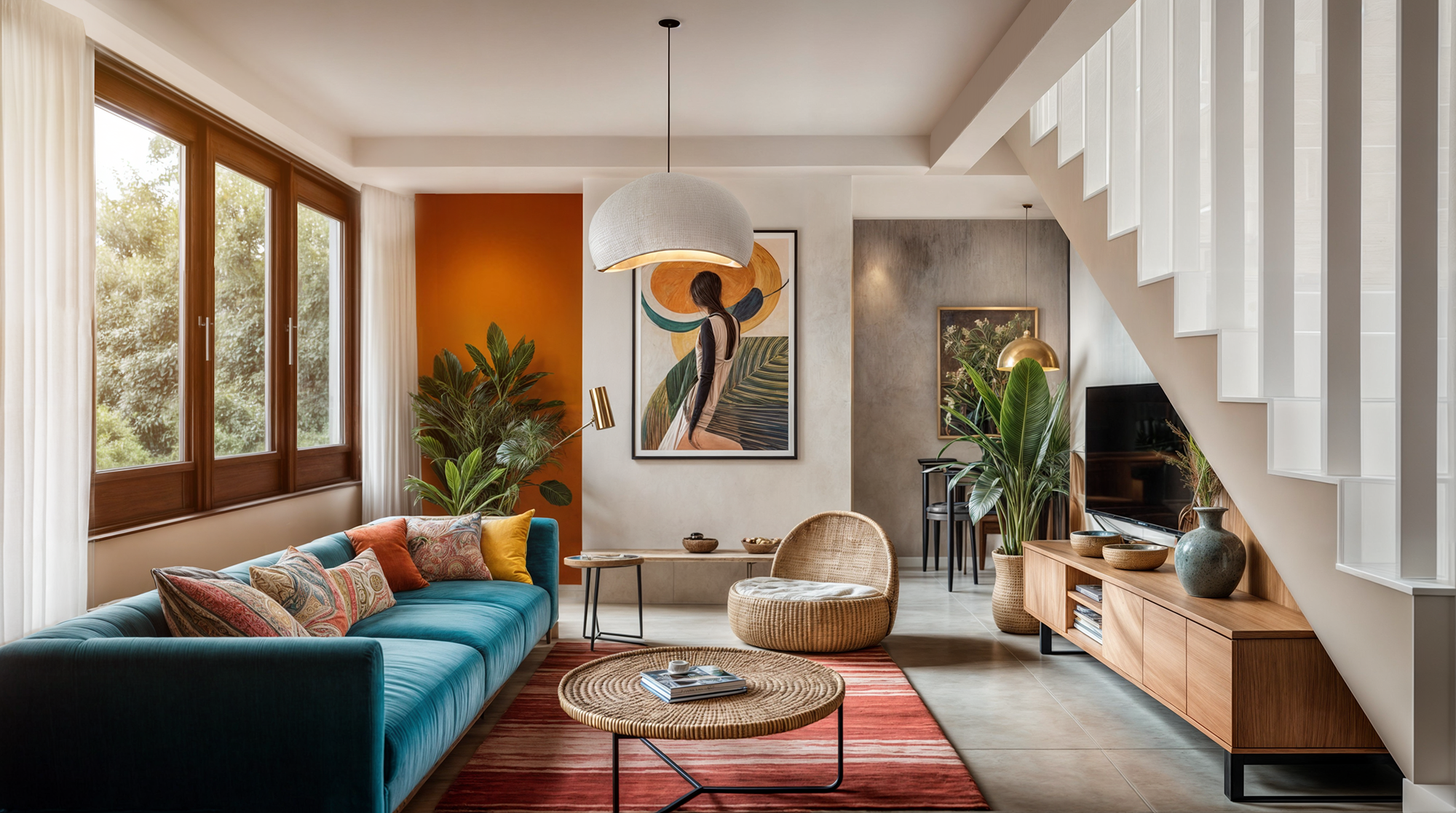 Living room with large windows, blue velvet sofa with multicolored pillows, rattan chair, coffee table with magazines, abstract artwork on orange accent wall, potted plants, TV on wooden console, modern lighting fixtures, staircase on the right side.