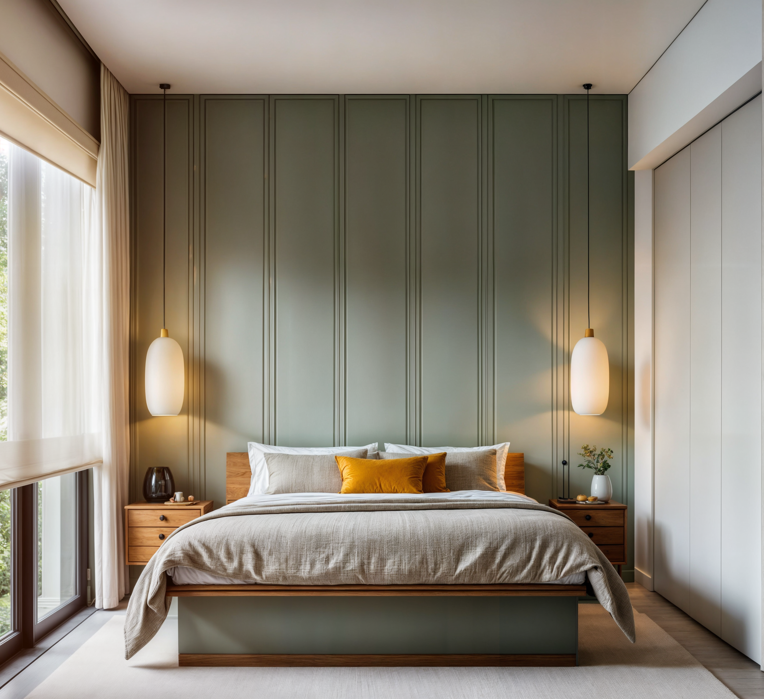 Modern bedroom with a wooden bed, green paneled accent wall, two pendant lights, beige bedding, and side tables with vases and decor, next to a large window.