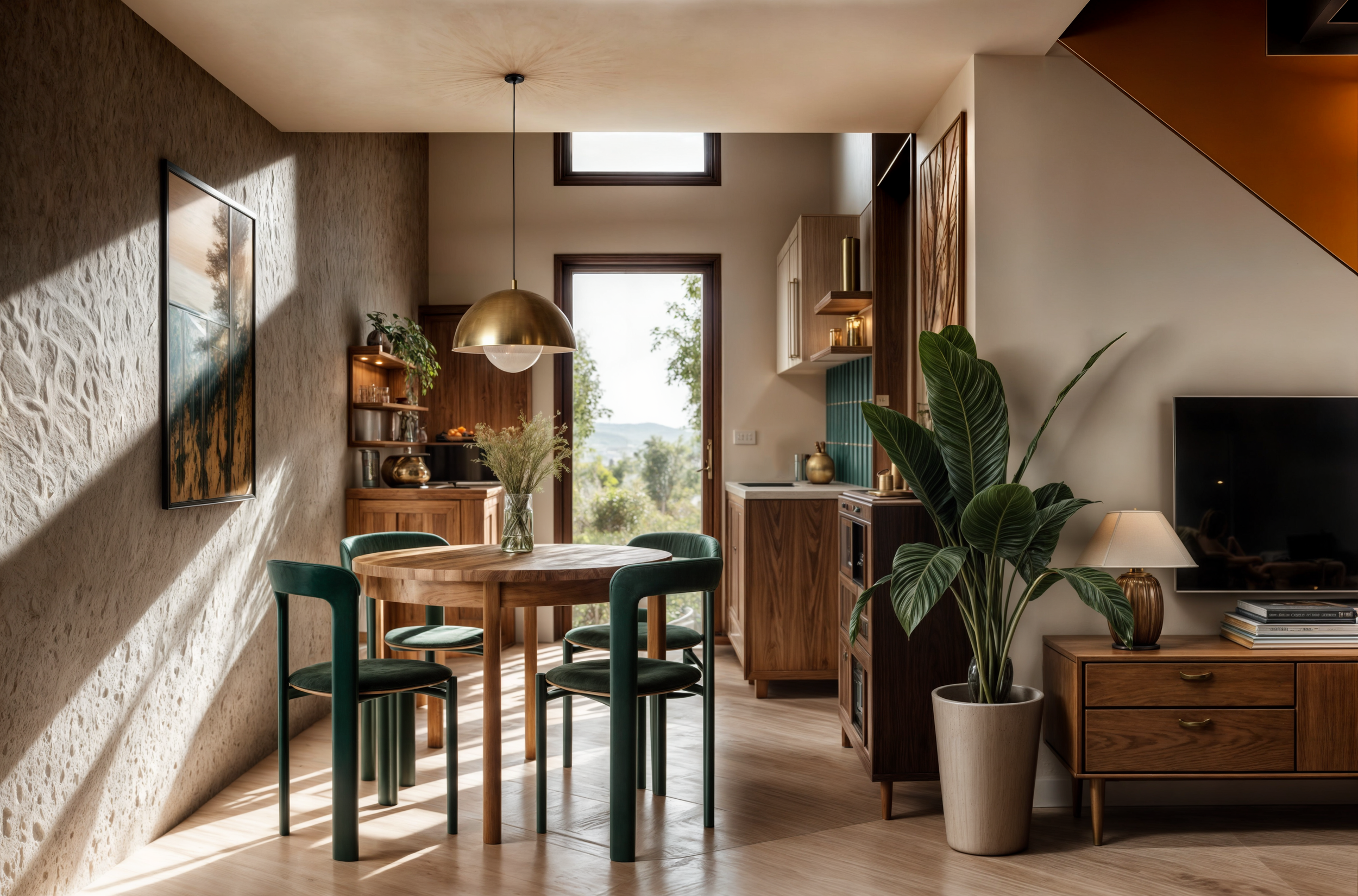 Interior of a modern living space with a round dining table, green chairs, large potted plant, flat-screen TV, wooden furniture, and large windows letting in natural light.
