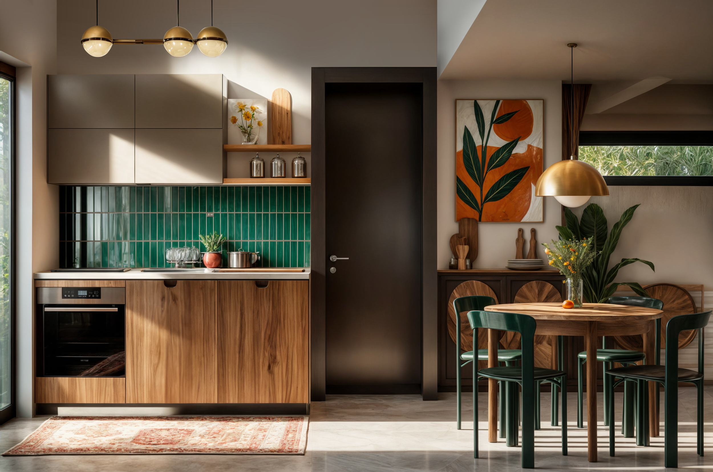 Modern kitchen and dining area with wooden cabinets, green tiled backsplash, round wooden table, green chairs, and wall art with leaves.