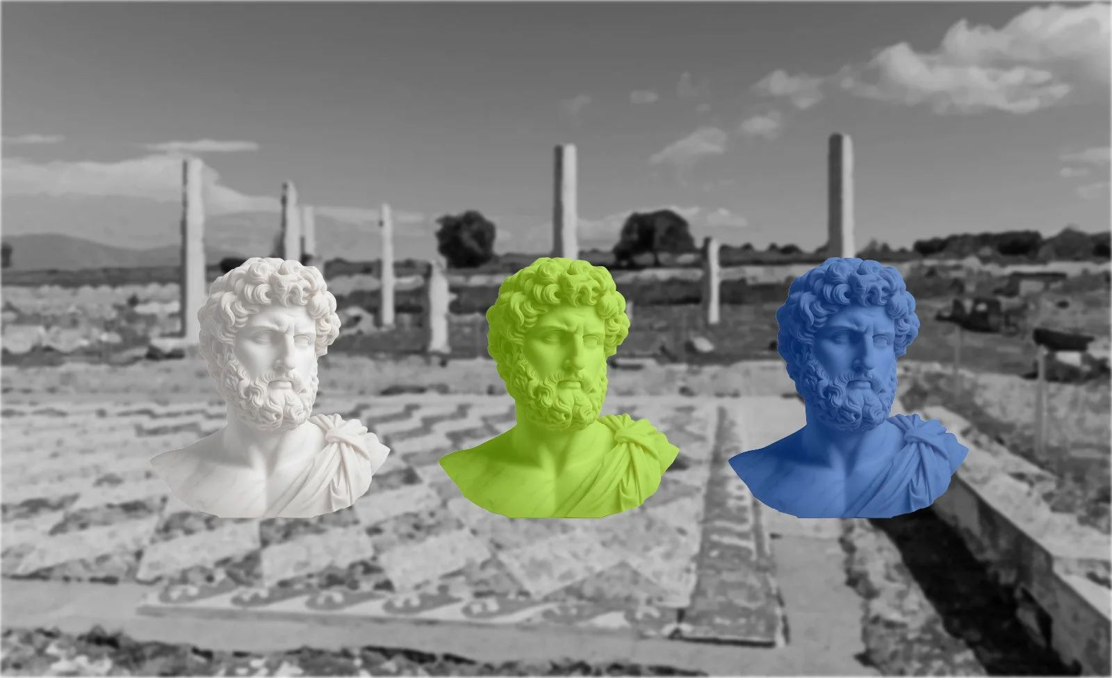 Colorful busts of ancient Greek philosophers display in front of a black-and-white archaeological site with columns and ruins, beneath a partly cloudy sky.