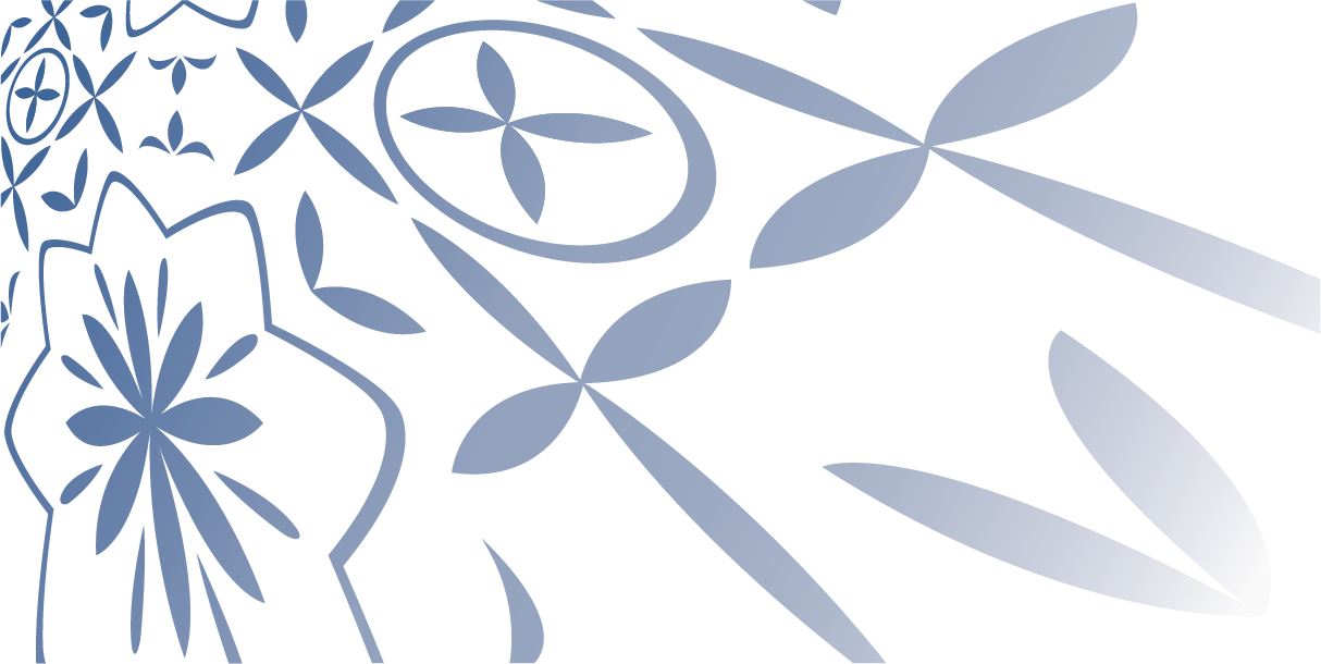 Pattern of floral and leaf motifs in shades of blue on a white background.