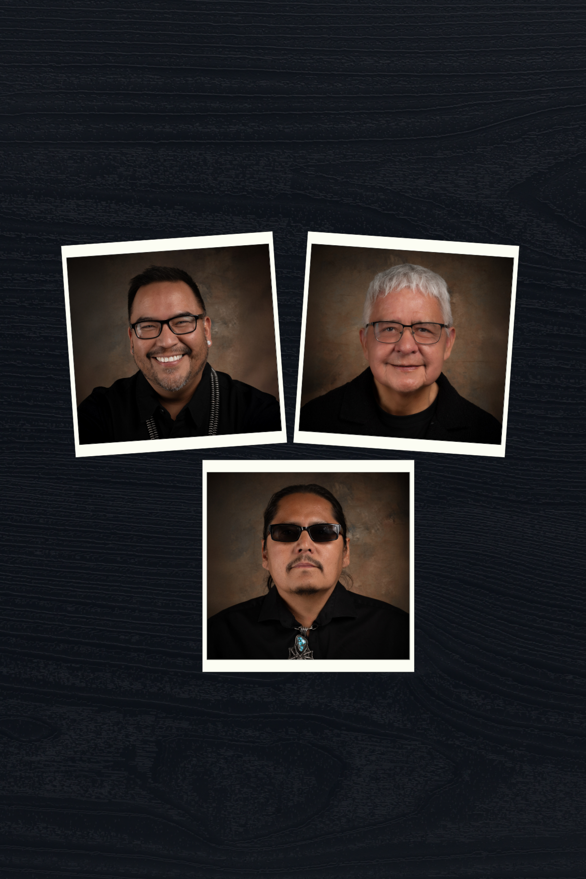 Three portrait photographs of men on a dark textured background, arranged with two photos on top and one below. The man on the left has glasses and a beard, smiling. The man on the right has gray hair and glasses, smiling. The man at the bottom has dark sunglasses, long hair, and a goatee, wearing a black shirt with a western-style bolo tie.