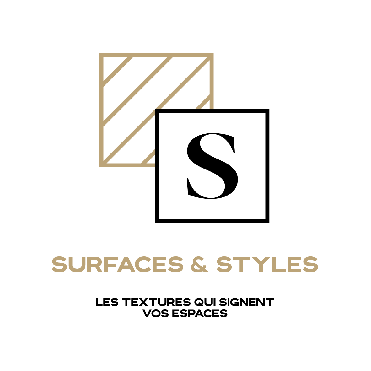 Logo avec un carré structuré de lignes diagonales, texte 'Surfaces & Styles' en dessous.