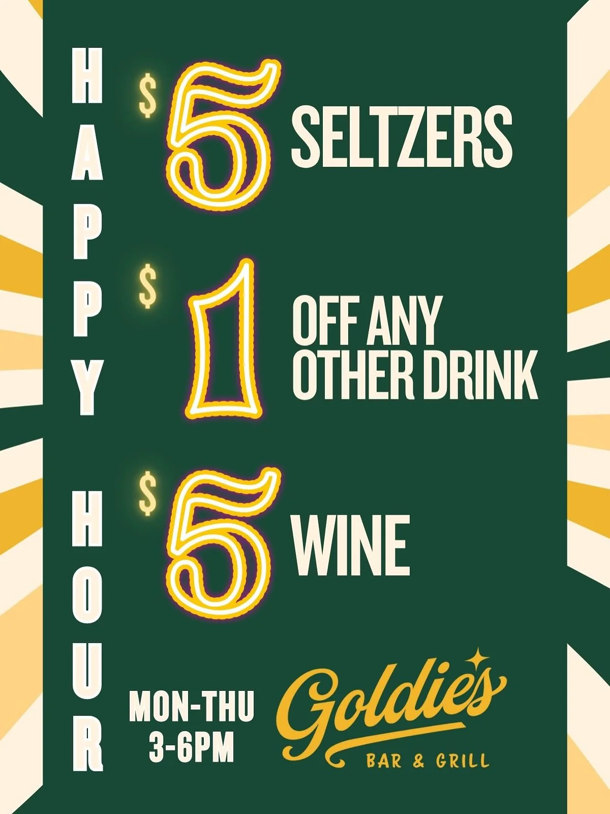 Have you heard? We&rsquo;ve got an updated Happy Hour here at Goldie&rsquo;s!🤩🎉
Whether you&rsquo;re looking for some yummy apps or discounted drinks, we&rsquo;ve got it all for you🍺

#goldies #goldiesbargrill #westdesmoines #sportsbar #happyhour 