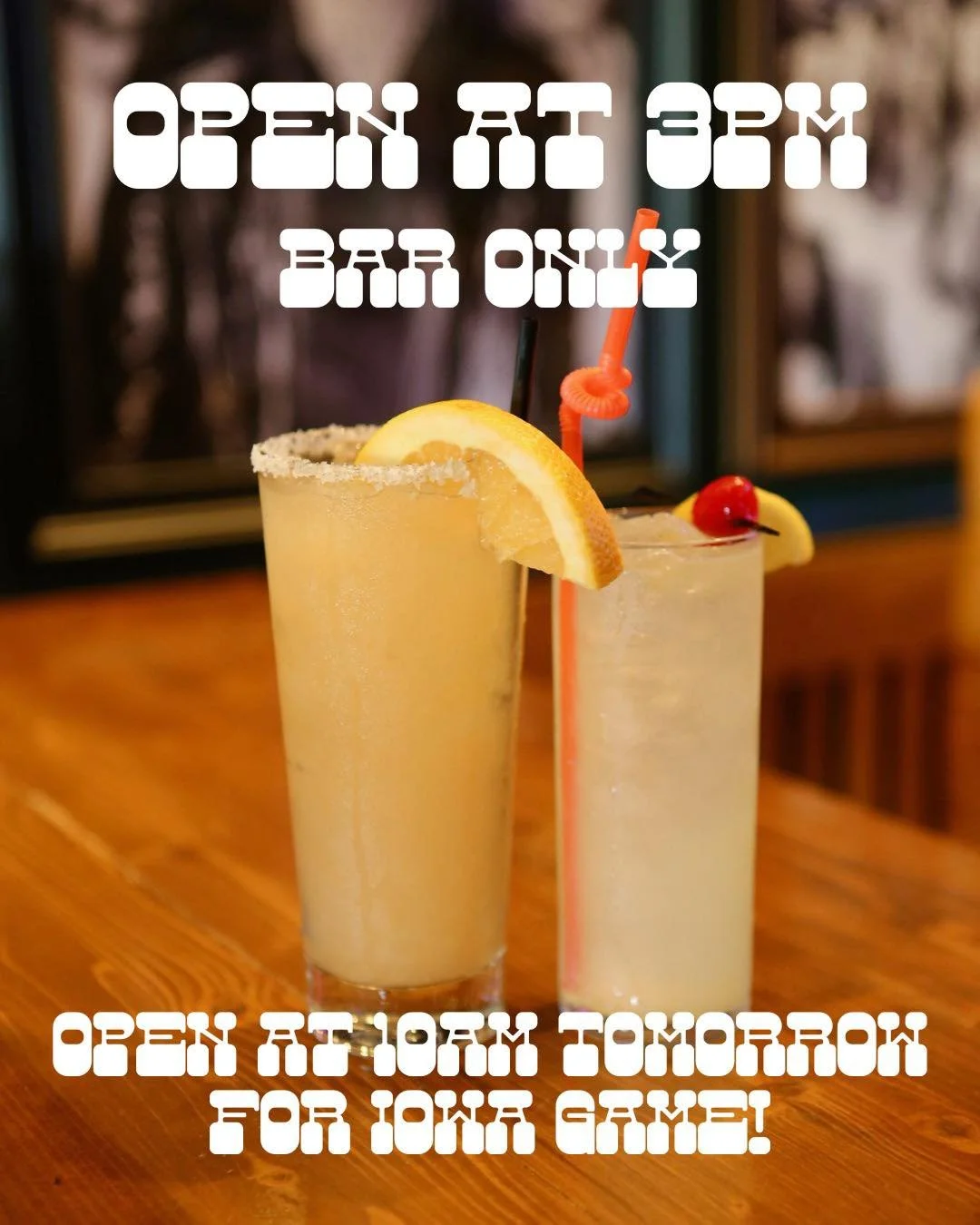 We will be opening up at 3pm today!🥂
Goldie&rsquo;s will also open up at 10am tomorrow so you can come in and grab the best seats for the Iowa vs. Nebraska game at 11am🏈🎉