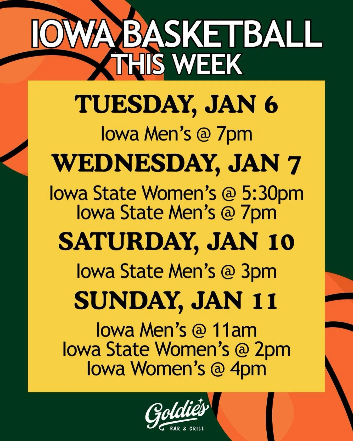 You don&rsquo;t want to miss any of this action! Catch it all at Goldie&rsquo;s😉🏀

#goldiesbargrill #westdesmoines #sportsbar #collegebasketball #iowabasketball