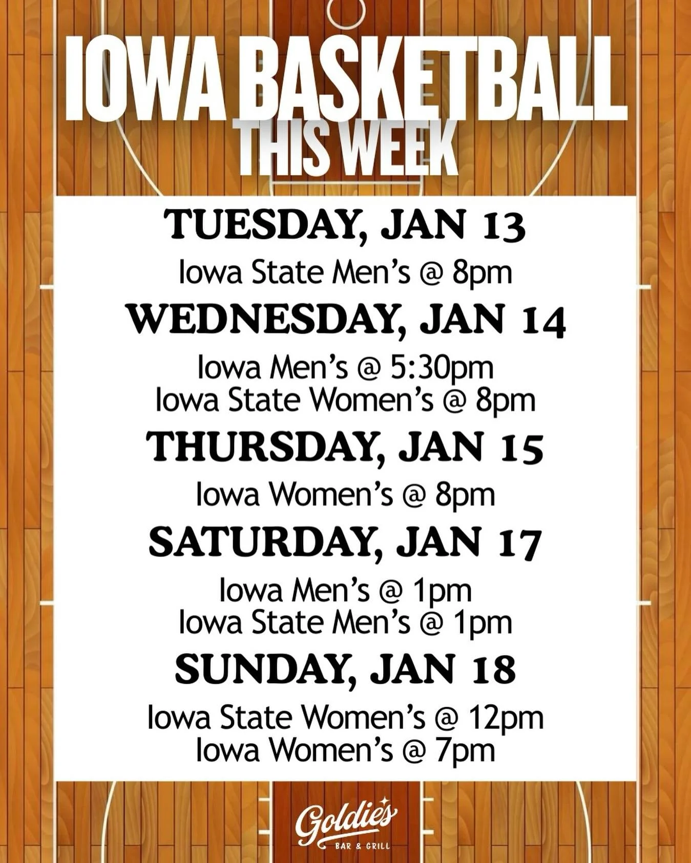 Seems like you&rsquo;ve got evening plans at Goldie&rsquo;s almost every day this week!😉🏀

#goldiesbargrill #westdesmoines #sportsbar #collegebasketball #iowabasketball