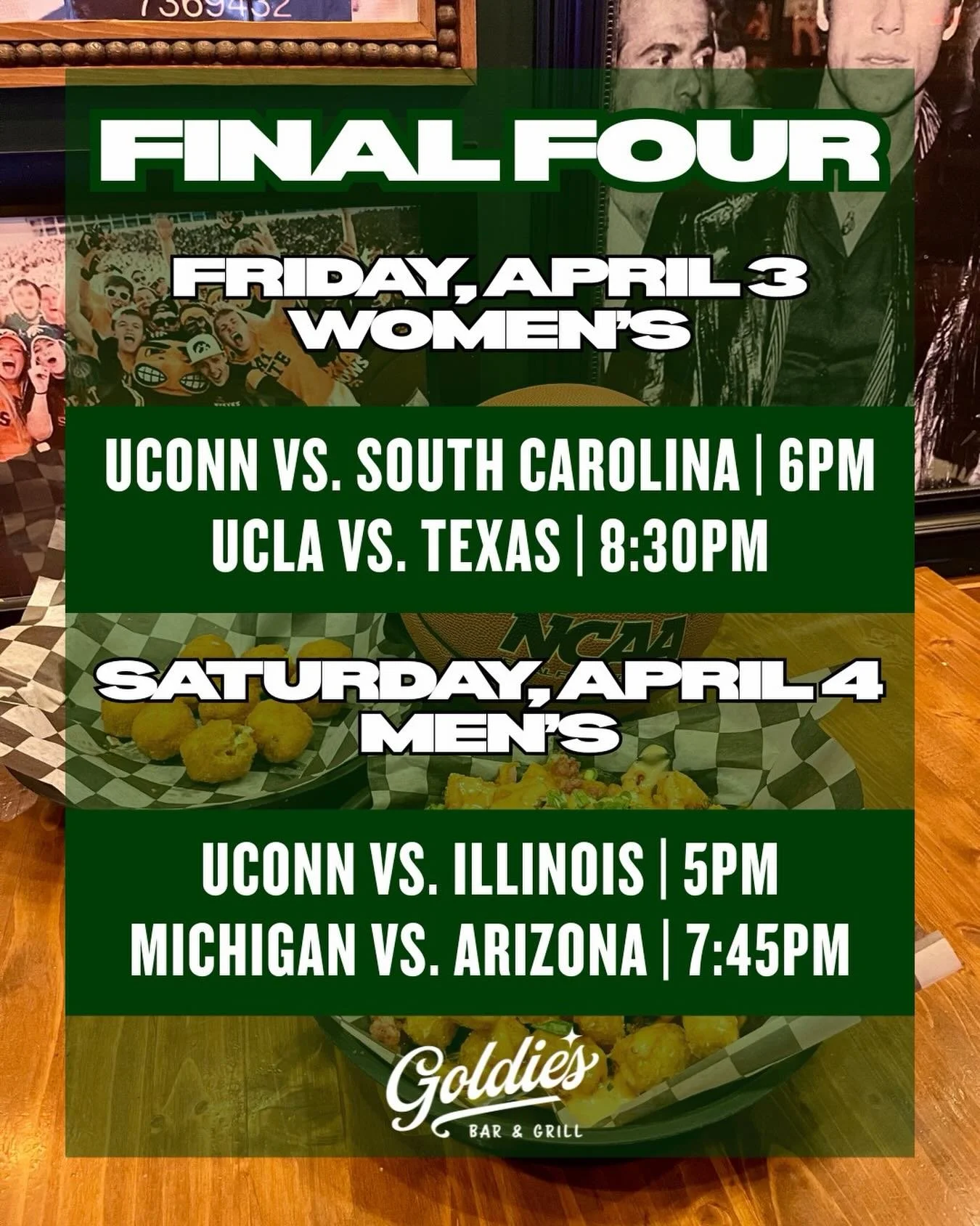The madness continues, and you don&rsquo;t want to miss it!🤩🏀
Head over to Goldie&rsquo;s today and tomorrow to catch the Final Four matchups🍺

#goldiesbargrill #westdesmoines #marchmadness #finalfour #collegebasketball