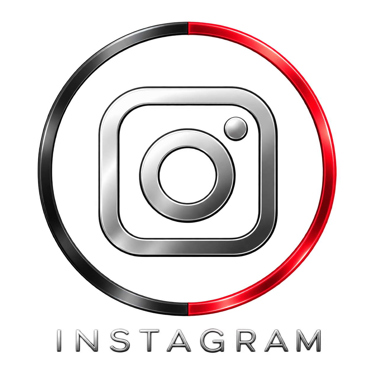 A metallic Instagram logo with a red and black circular outline and the word 'Instagram' underneath