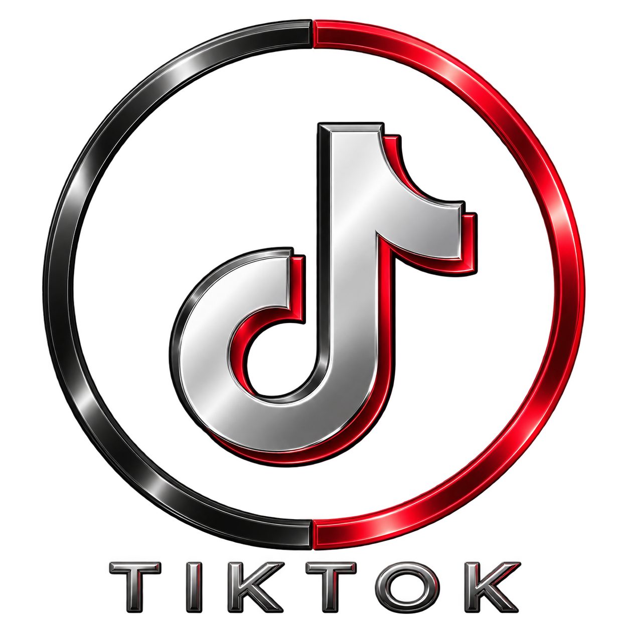 3D metallic TikTok logo with red, black, and silver colors, with the word "TIKTOK" below it.
